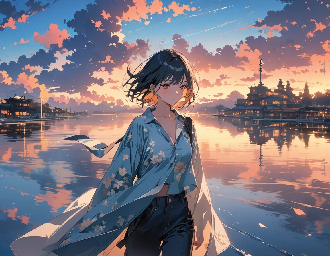 super detailed,Very detailed,best quality,masterpiece,illustration,actual,
mirror of the Sky, reflection, different reflection,
flower, Sky, cloud, dusk, outdoor, water, blue Sky, contour, wind,flower瓣, falling flower瓣, Sunset,