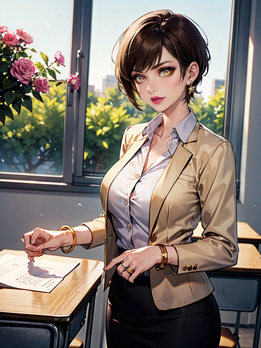 ((1woman, solo, alone, very short hair, yellow eyes, brown hair, tomboy, ((choppy pixie)), big breasts, beige suit, beige pencil skirt, satin blouse, black blouse, five white, simple earrings, gold bracelet, wedding ring, pink lipstick, smug )), ((teacher, classroom background, business background, windows, sunny day, bushes, trees, flowers, classroom))