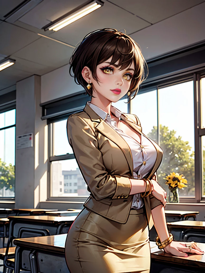 ((1woman, solo, alone, very short hair, yellow eyes, brown hair, tomboy, ((choppy pixie)), big breasts, beige suit, beige pencil skirt, satin blouse, black blouse, five white, simple earrings, gold bracelet, wedding ring, pink lipstick, smug )), ((teacher, classroom background, business background, windows, sunny day, bushes, trees, flowers, classroom))