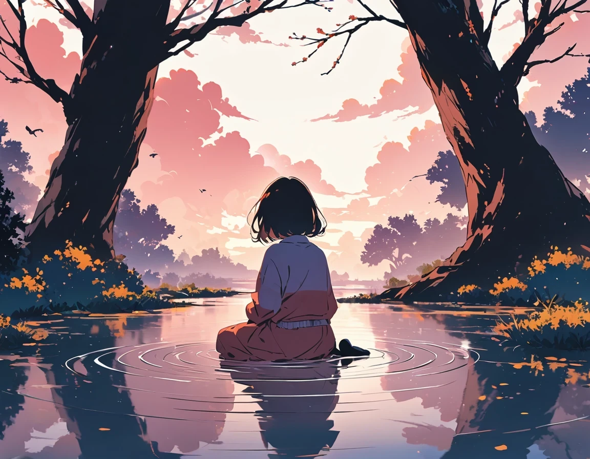 "((peaceful)) Scenes, girl kneeling and meditating, ((ripples in the pond)), ((Marshmallow Cloud)), ((Silhouette of a gnarled tree)), Professional photography, ((rule of thirds)), High resolution, best quality