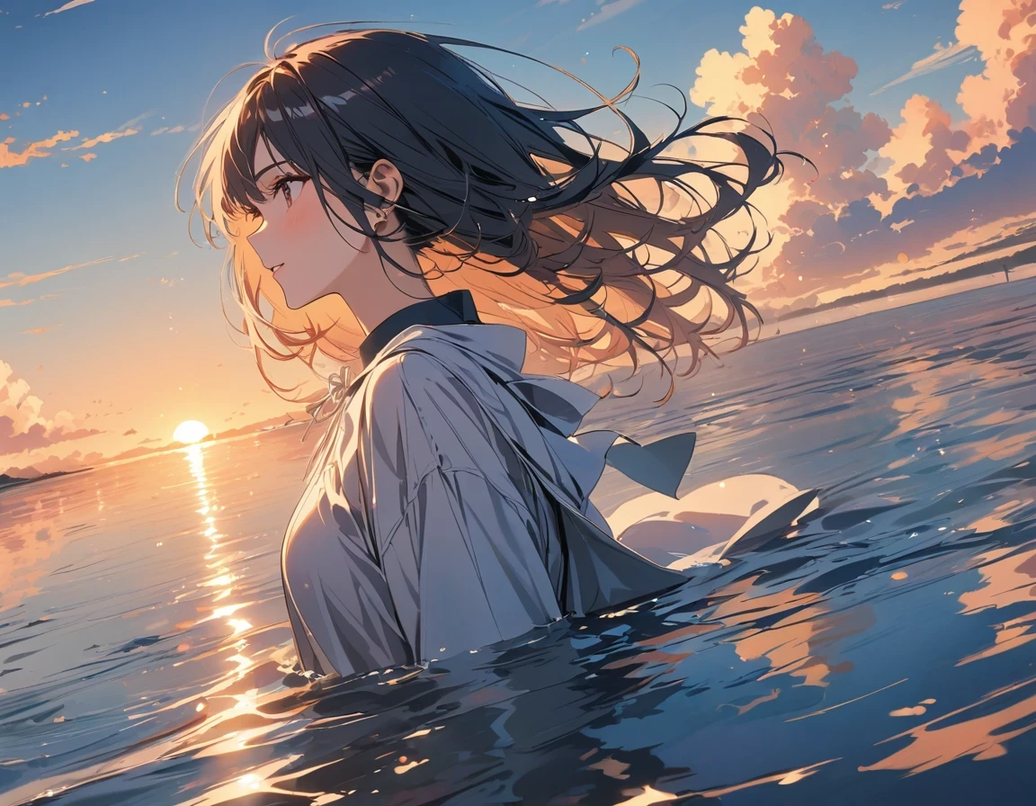 super detailed,Very detailed,best quality,masterpiece,illustration,actual,
mirror of the Sky, reflection, different reflection,
flower, Sky, cloud, dusk, outdoor, water, blue Sky, contour, wind,flower瓣, falling flower瓣, Sunset,
