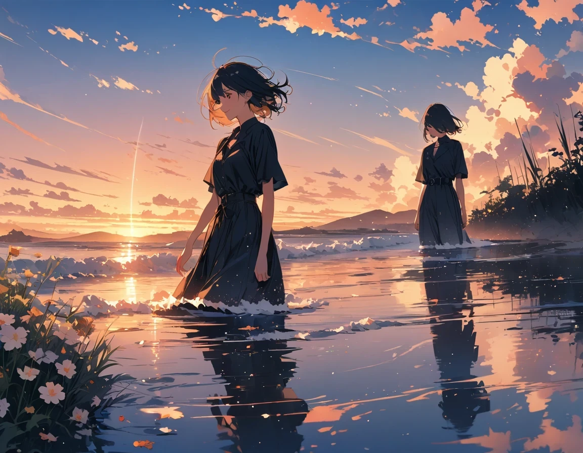 super detailed,Very detailed,best quality,masterpiece,illustration,actual,
mirror of the Sky, reflection, different reflection,
flower, Sky, cloud, dusk, outdoor, water, blue Sky, contour, wind,flower瓣, falling flower瓣, Sunset,
