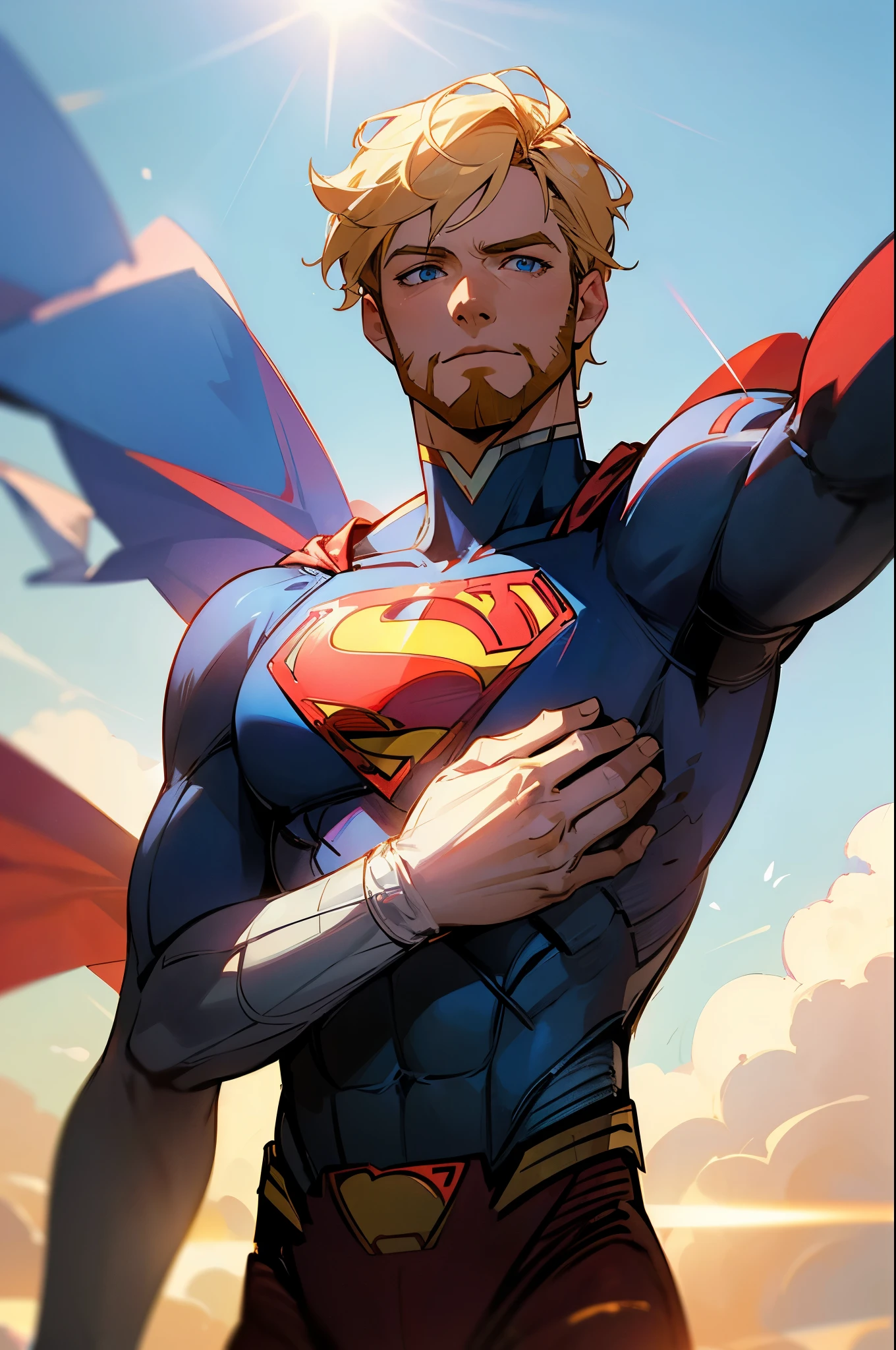 (best quality, masterpiece, high resolution) superman,blonde hair,beard, short hair blue eyes, floating in the air, amazing view,(dramatic effect of sunlight), blue sky, white clouds,(Volumetric light on superman),looking at camera,upper body, close up, holding arms behind back, in the middle