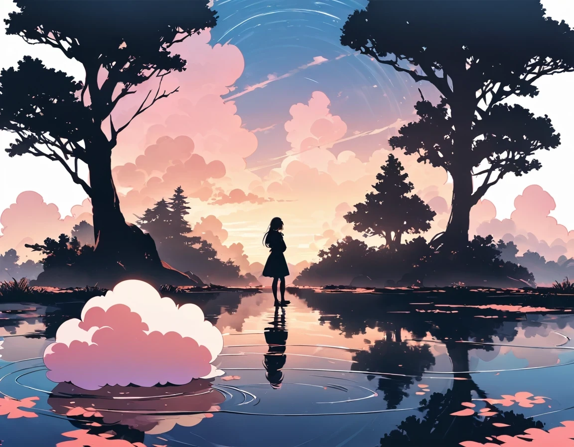 "((peaceful)) Scenes, girl kneeling and meditating, ((ripples in the pond)), ((Marshmallow Cloud)), ((Silhouette of a gnarled tree)), Professional photography, ((rule of thirds)), High resolution, best quality