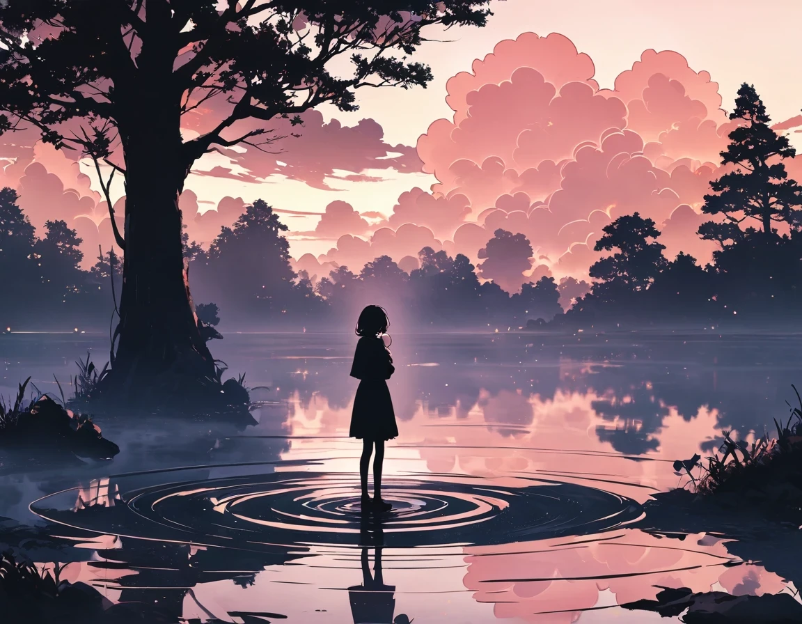 "((peaceful)) Scenes, girl kneeling and meditating, ((ripples in the pond)), ((Marshmallow Cloud)), ((Silhouette of a gnarled tree)), Professional photography, ((rule of thirds)), High resolution, best quality