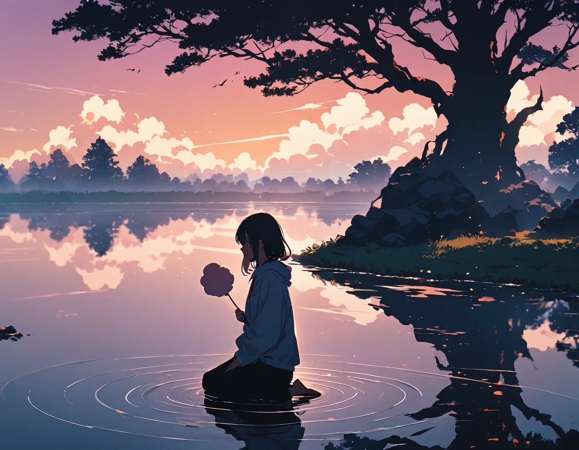 "((peaceful)) Scenes, girl kneeling and meditating, ((ripples in the pond)), ((Marshmallow Cloud)), ((Silhouette of a gnarled tree)), Professional photography, ((rule of thirds)), High resolution, best quality