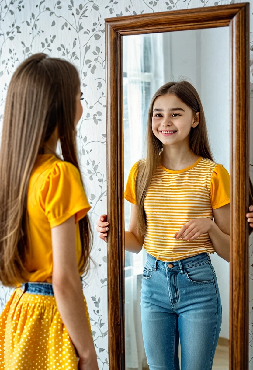  girl looking at mirror. In mirror the girl smirk very high. Truth is the girl sad. Same clothes. Same heights