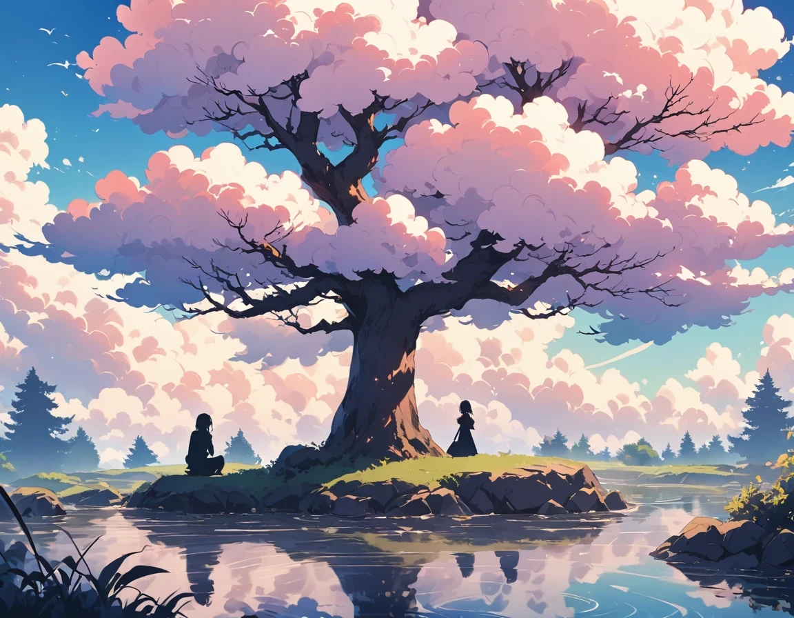 "((peaceful)) Scenes, girl kneeling and meditating, ((ripples in the pond)), ((Marshmallow Cloud)), ((Silhouette of a gnarled tree)), Professional photography, ((rule of thirds)), High resolution, best quality