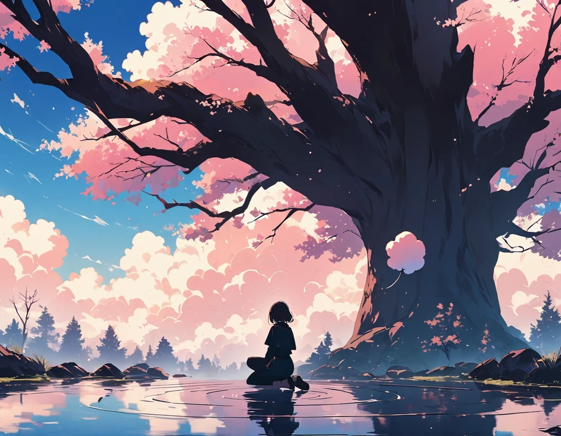 "((peaceful)) Scenes, girl kneeling and meditating, ((ripples in the pond)), ((Marshmallow Cloud)), ((Silhouette of a gnarled tree)), Professional photography, ((rule of thirds)), High resolution, best quality