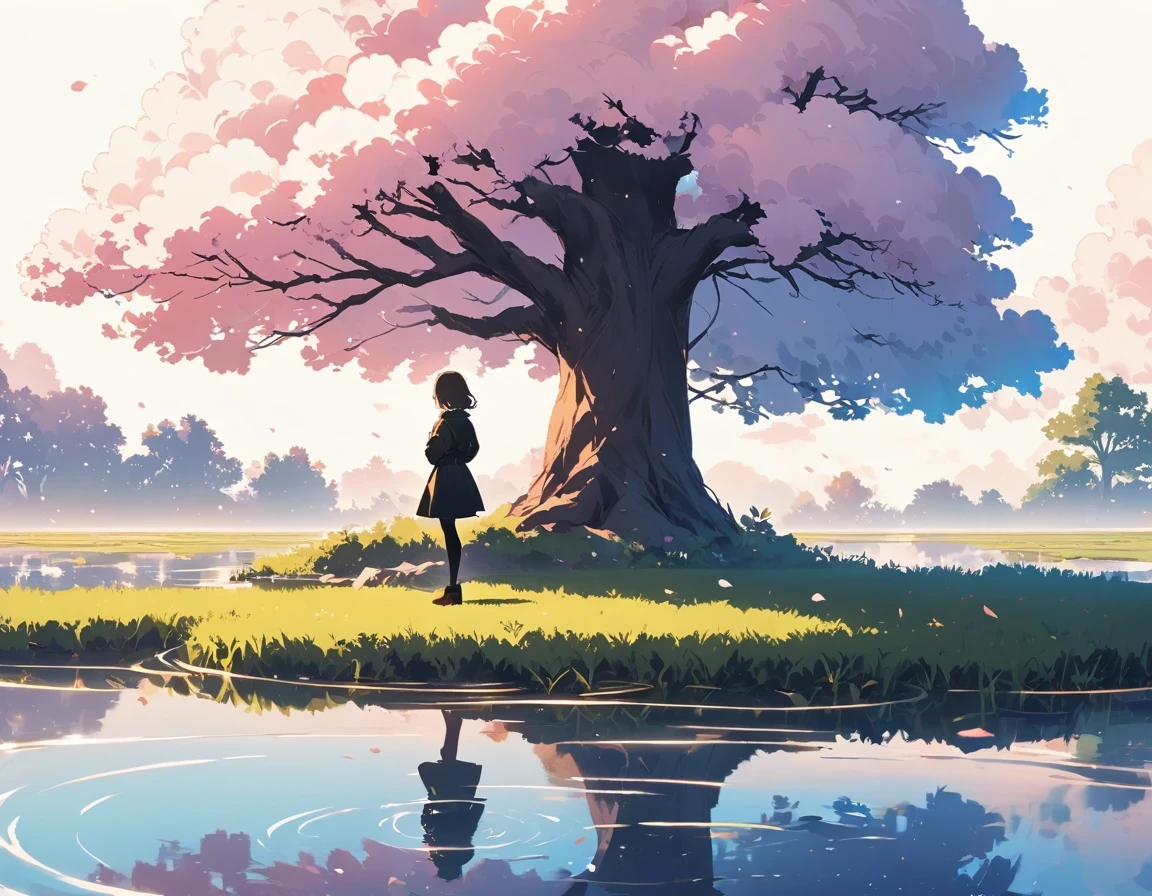 "((peaceful)) Scenes, girl kneeling and meditating, ((ripples in the pond)), ((Marshmallow Cloud)), ((Silhouette of a gnarled tree)), Professional photography, ((rule of thirds)), High resolution, best quality