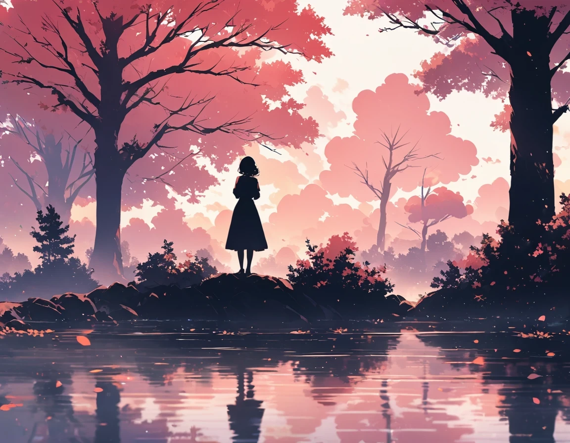 "((peaceful)) Scenes, girl kneeling and meditating, ((ripples in the pond)), ((Marshmallow Cloud)), ((Silhouette of a gnarled tree)), Professional photography, ((rule of thirds)), High resolution, best quality