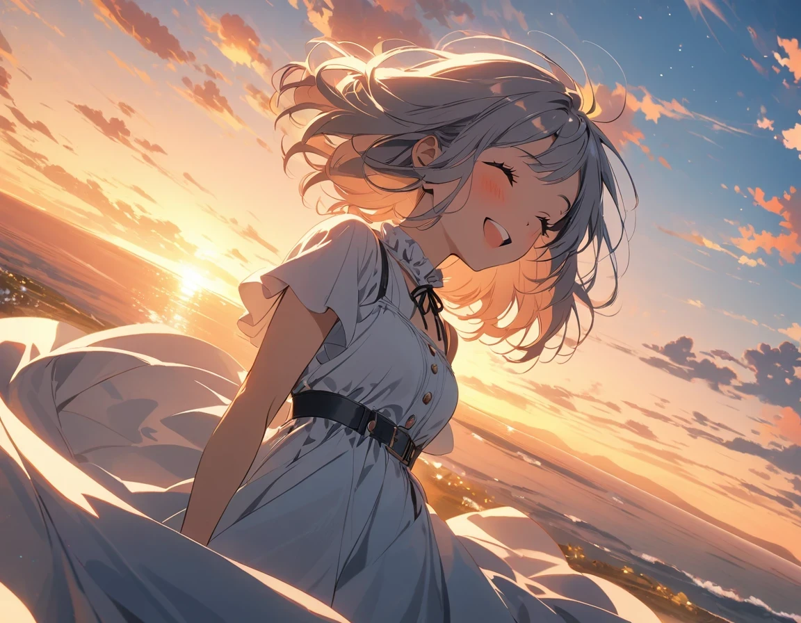 masterpiece, best quality, movie stills, 1 girl, cloud girl, floating in the sky, closure, bright, happy, Warm and soft lighting, Sunset, (spark:0.7)