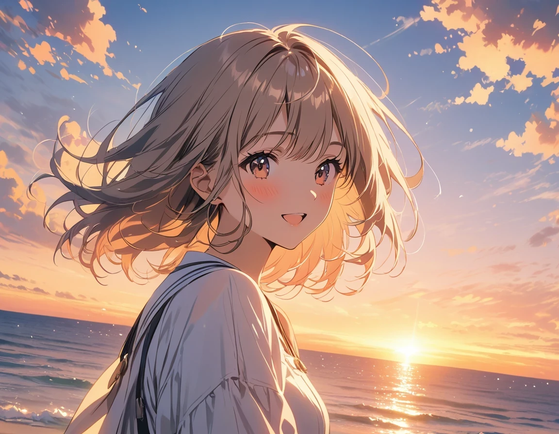 masterpiece, best quality, movie stills, 1 girl, cloud girl, floating in the sky, closure, bright, happy, Warm and soft lighting, Sunset, (spark:0.7)