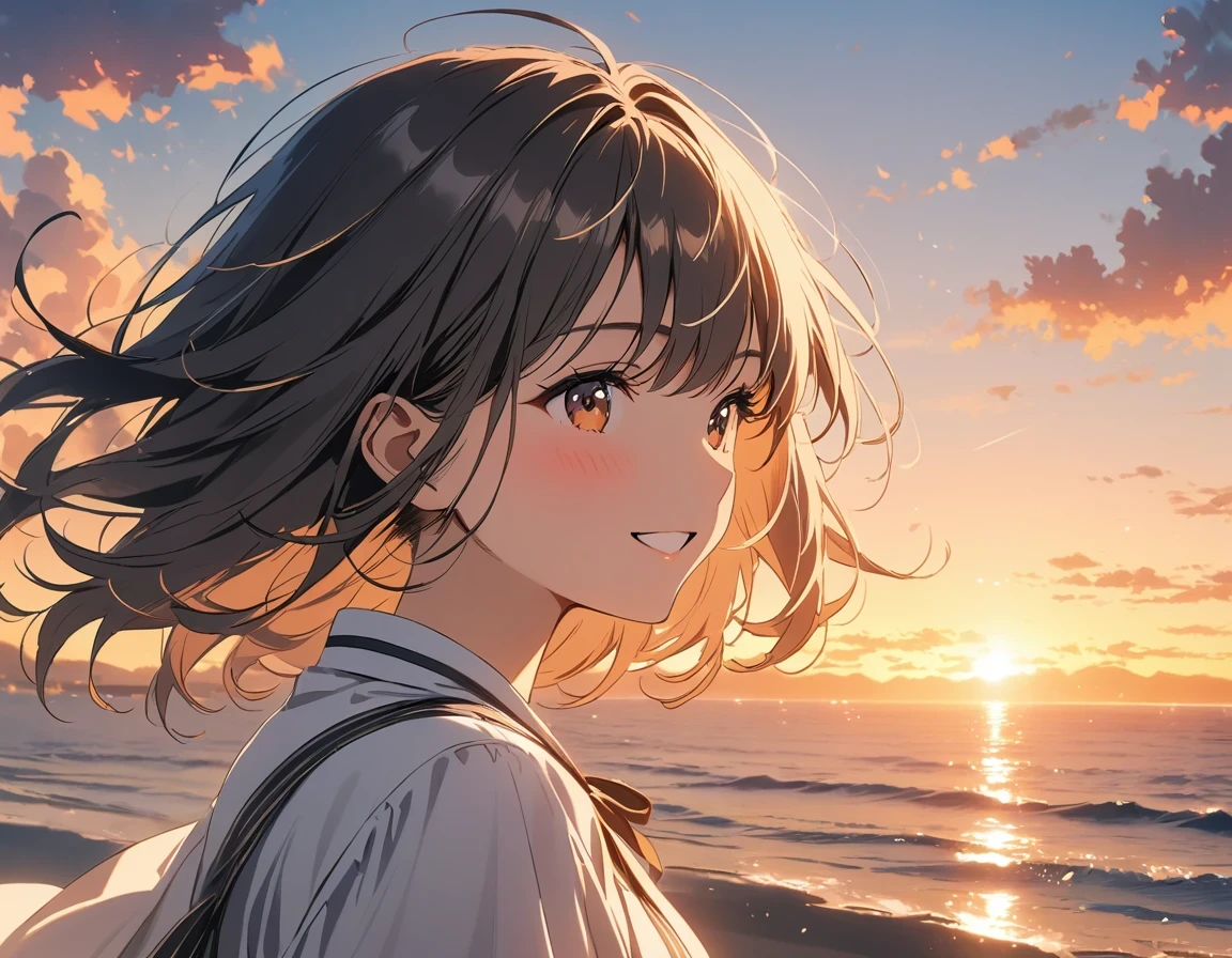 masterpiece, best quality, movie stills, 1 girl, cloud girl, floating in the sky, closure, bright, happy, Warm and soft lighting, Sunset, (spark:0.7)