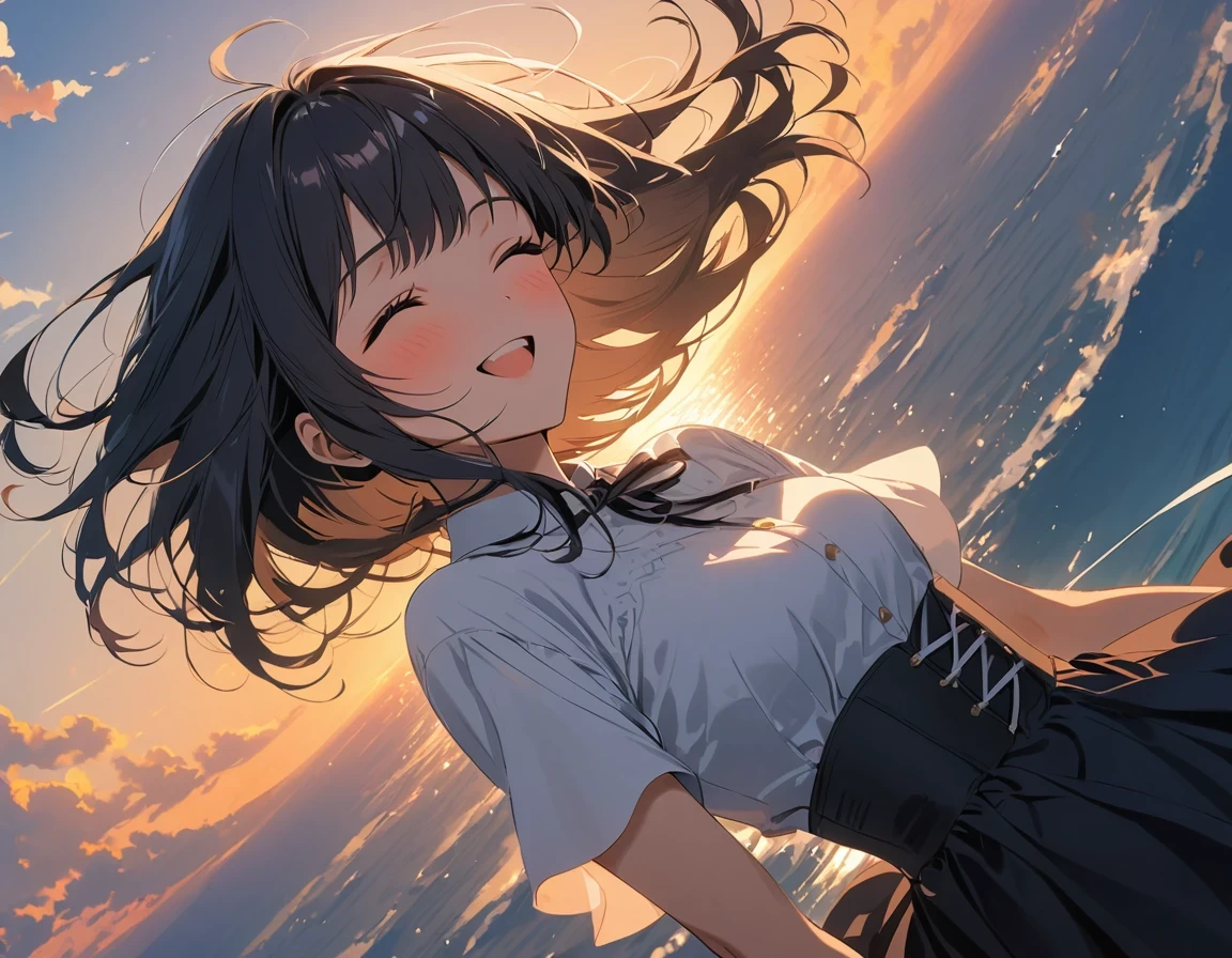 masterpiece, best quality, movie stills, 1 girl, cloud girl, floating in the sky, closure, bright, happy, Warm and soft lighting, Sunset, (spark:0.7)