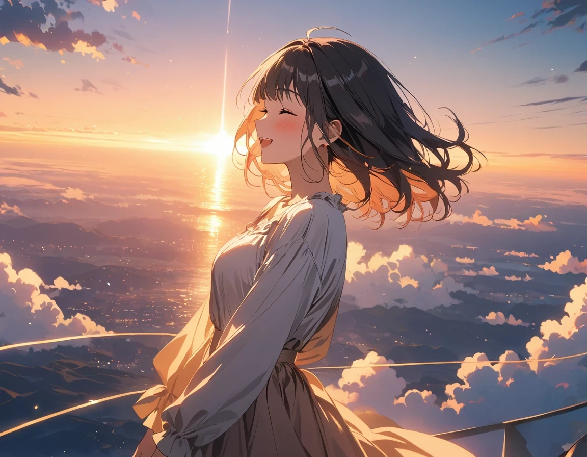 masterpiece, best quality, movie stills, 1 girl, cloud girl, floating in the sky, closure, bright, happy, Warm and soft lighting, Sunset, (spark:0.7)