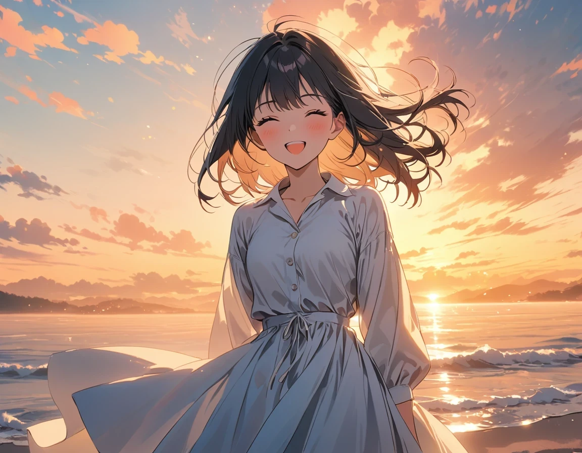 masterpiece, best quality, movie stills, 1 girl, cloud girl, floating in the sky, closure, bright, happy, Warm and soft lighting, Sunset, (spark:0.7)