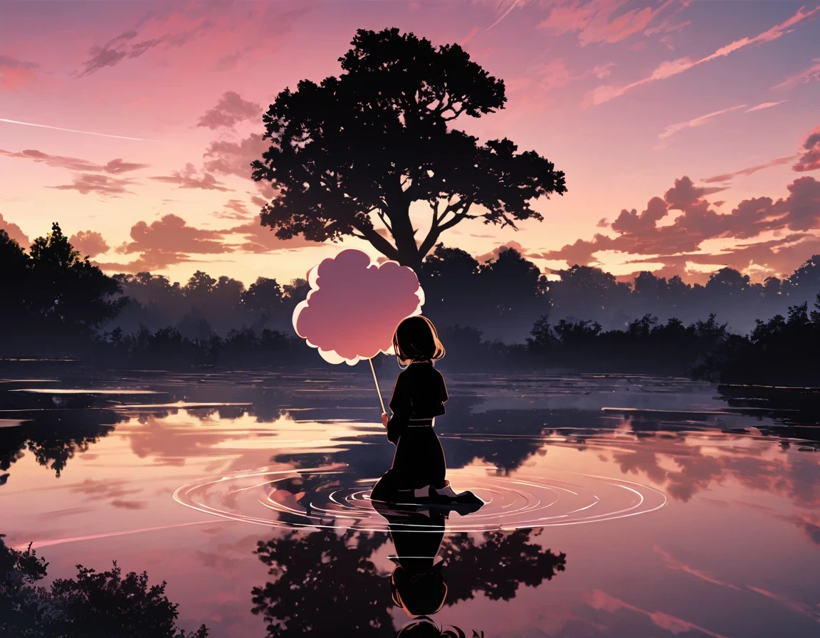 "((peaceful)) Scenes, girl kneeling and meditating, ((ripples in the pond)), ((Marshmallow Cloud)), ((Silhouette of a gnarled tree)), Professional photography, ((rule of thirds)), High resolution, best quality