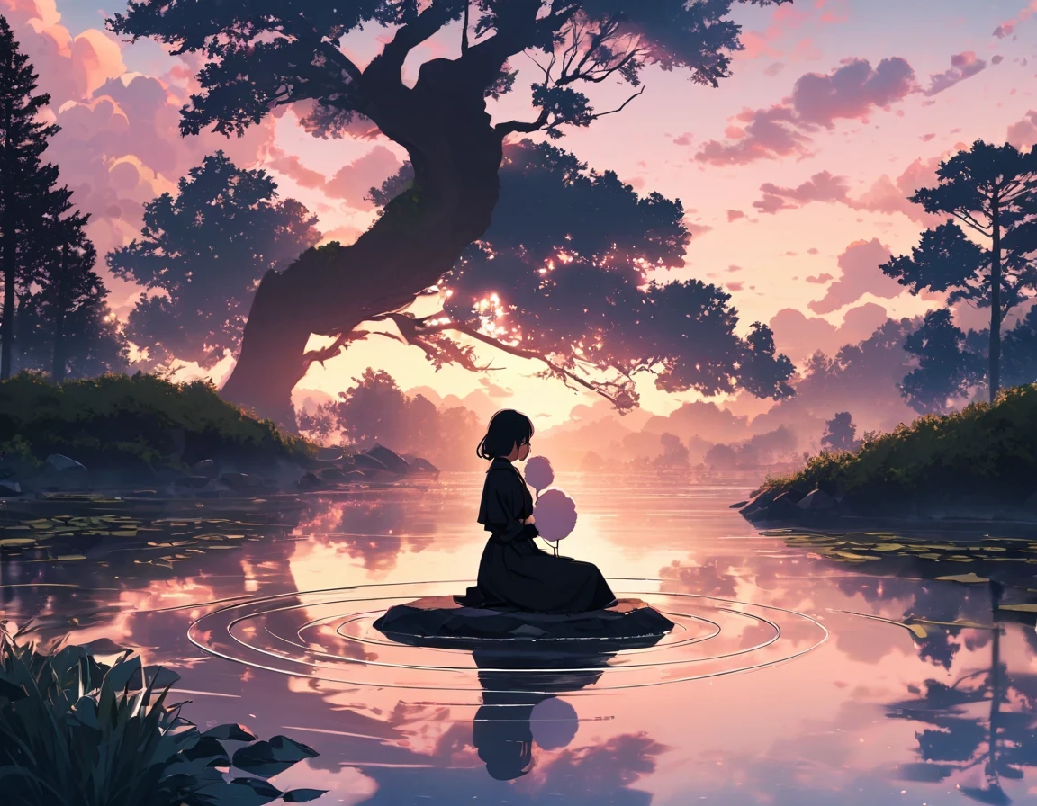 "((peaceful)) Scenes, girl kneeling and meditating, ((ripples in the pond)), ((Marshmallow Cloud)), ((Silhouette of a gnarled tree)), Professional photography, ((rule of thirds)), High resolution, best quality