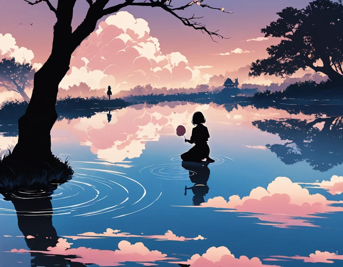 "((peaceful)) Scenes, girl kneeling and meditating, ((ripples in the pond)), ((Marshmallow Cloud)), ((Silhouette of a gnarled tree)), Professional photography, ((rule of thirds)), High resolution, best quality
