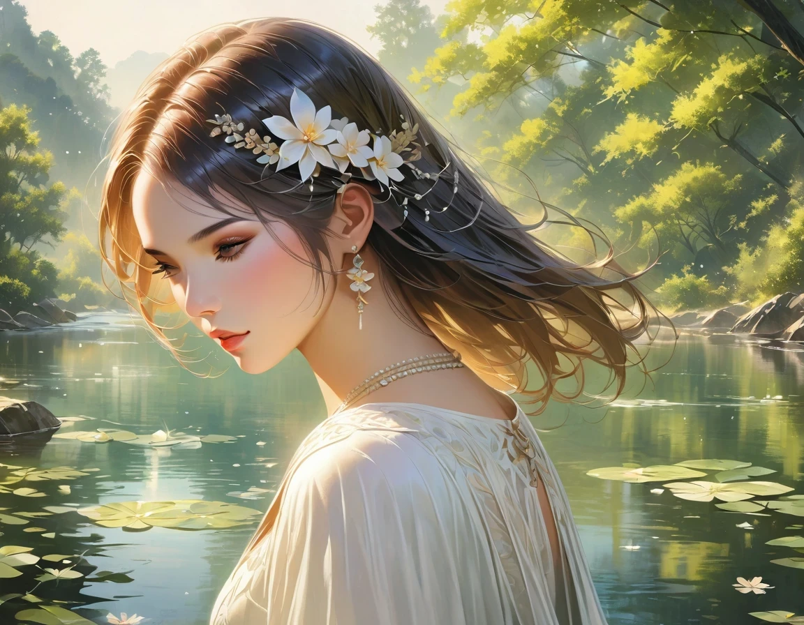 reflection, Artistic medium:painting, peaceful scene, peaceful atmosphere, calm water, sparkling sunshine, gentle ripples, stunning colors, actual details, superb brushstrokes, vivid reflections, charming beauty, natural mirror, ethereal atmosphere, calm and stillness, quiet contemplation, Peace and tranquility, soothing presence, Peaceful and serene, charming serenade. (best quality,Super detailed,actual:1.37), Inspired by nature, Soft and dreamy, Peaceful and peaceful.