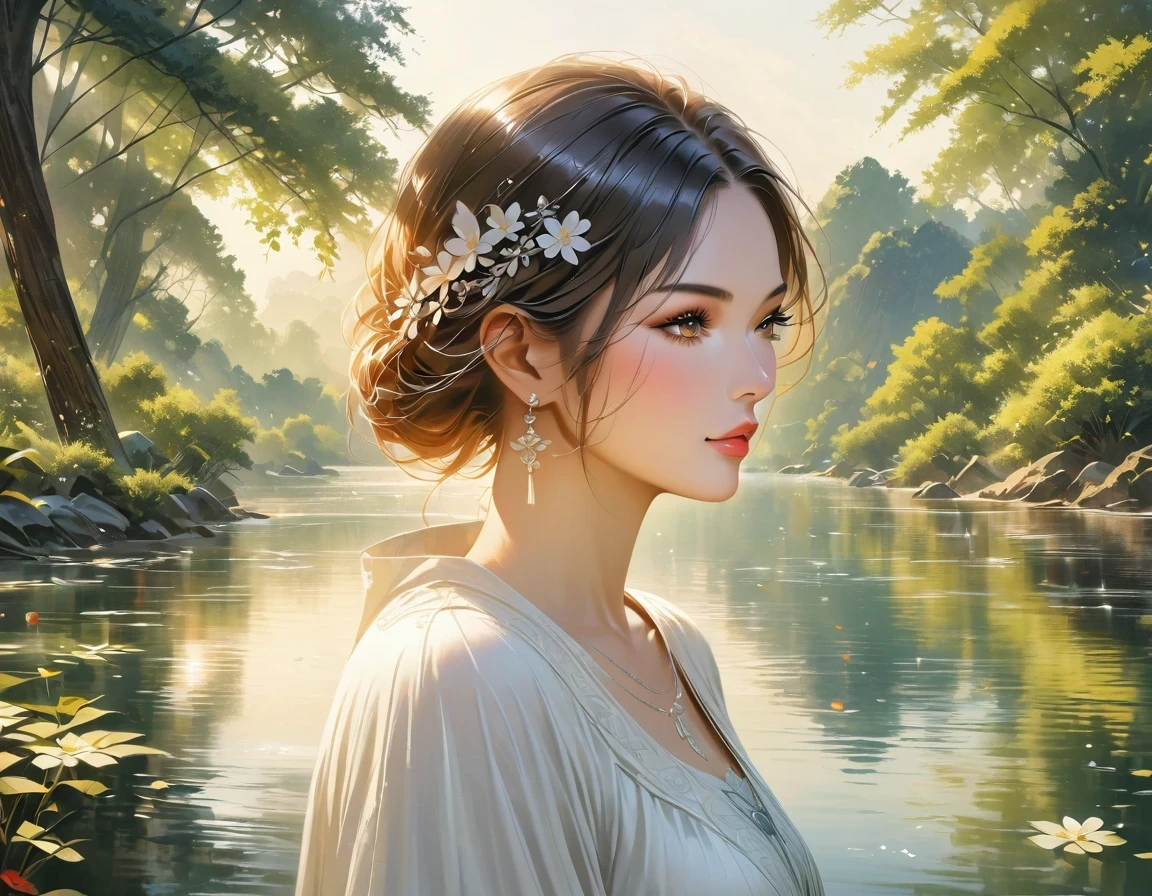 reflection, Artistic medium:painting, peaceful scene, peaceful atmosphere, calm water, sparkling sunshine, gentle ripples, stunning colors, actual details, superb brushstrokes, vivid reflections, charming beauty, natural mirror, ethereal atmosphere, calm and stillness, quiet contemplation, Peace and tranquility, soothing presence, Peaceful and serene, charming serenade. (best quality,Super detailed,actual:1.37), Inspired by nature, Soft and dreamy, Peaceful and peaceful.