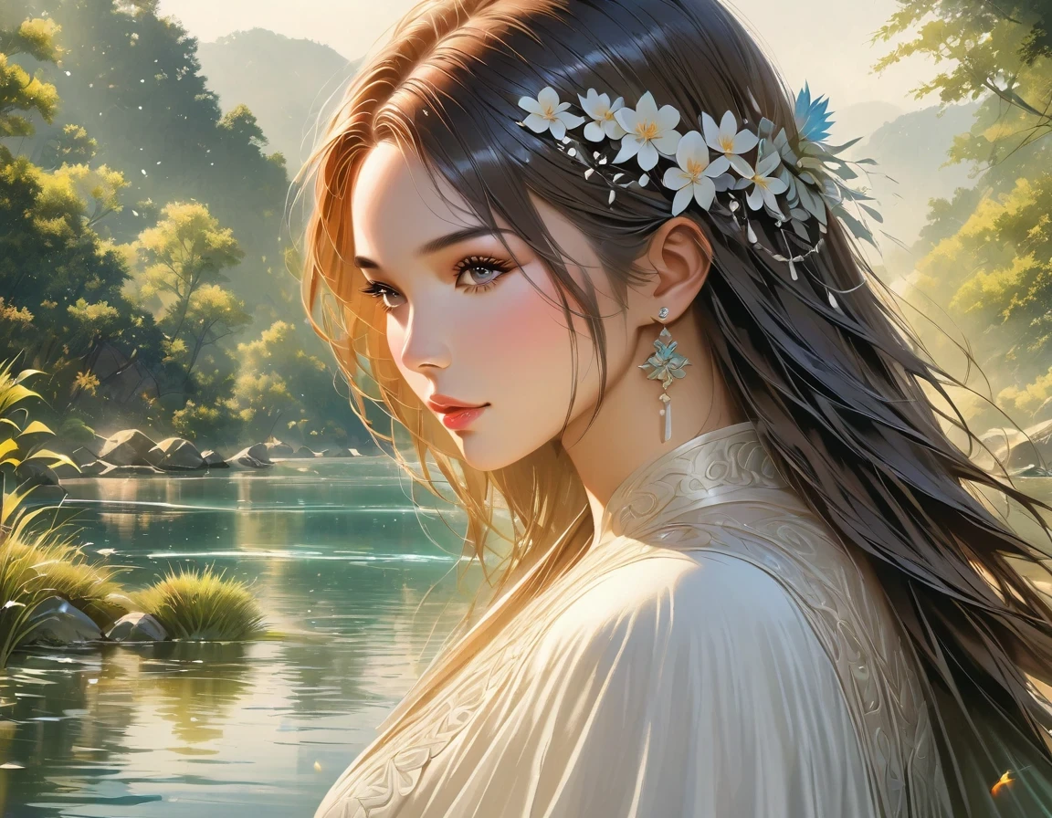 reflection, Artistic medium:painting, peaceful scene, peaceful atmosphere, calm water, sparkling sunshine, gentle ripples, stunning colors, actual details, superb brushstrokes, vivid reflections, charming beauty, natural mirror, ethereal atmosphere, calm and stillness, quiet contemplation, Peace and tranquility, soothing presence, Peaceful and serene, charming serenade. (best quality,Super detailed,actual:1.37), Inspired by nature, Soft and dreamy, Peaceful and peaceful.