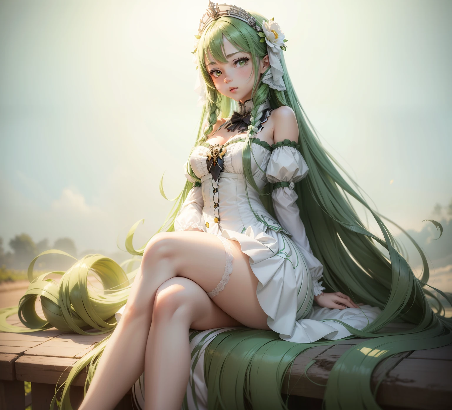 anime girl with long hair and a white dress sitting on a green and white striped background, fine details. anime. tentacles, anime goddess, from girls frontline, cushart krenz key art feminine, android heroine, fine details. girls frontline, anime monster girl, hq artwork, lamia, lolish, girls frontline cg, official anime artwork