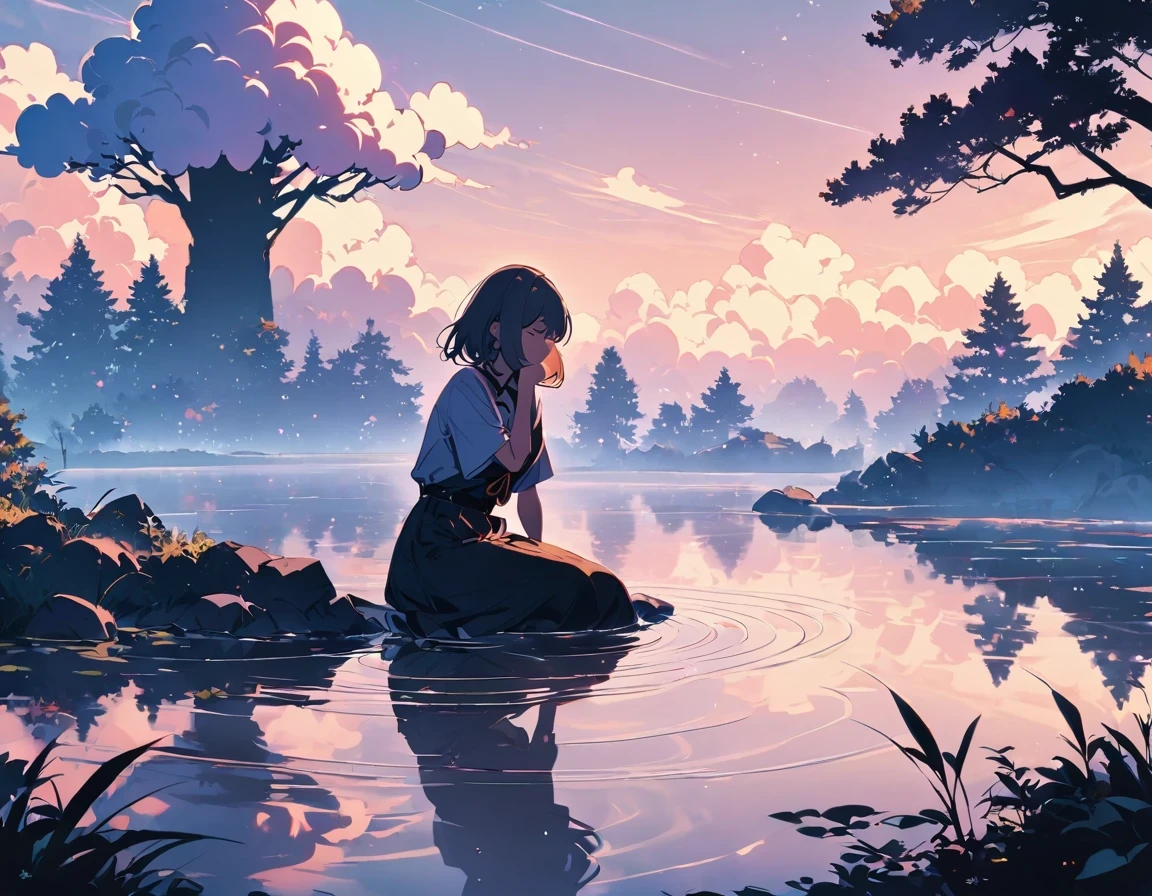 "((peaceful)) Scenes, girl kneeling and meditating, ((ripples in the pond)), ((Marshmallow Cloud)), ((Silhouette of a gnarled tree)), Professional photography, ((rule of thirds)), High resolution, best quality