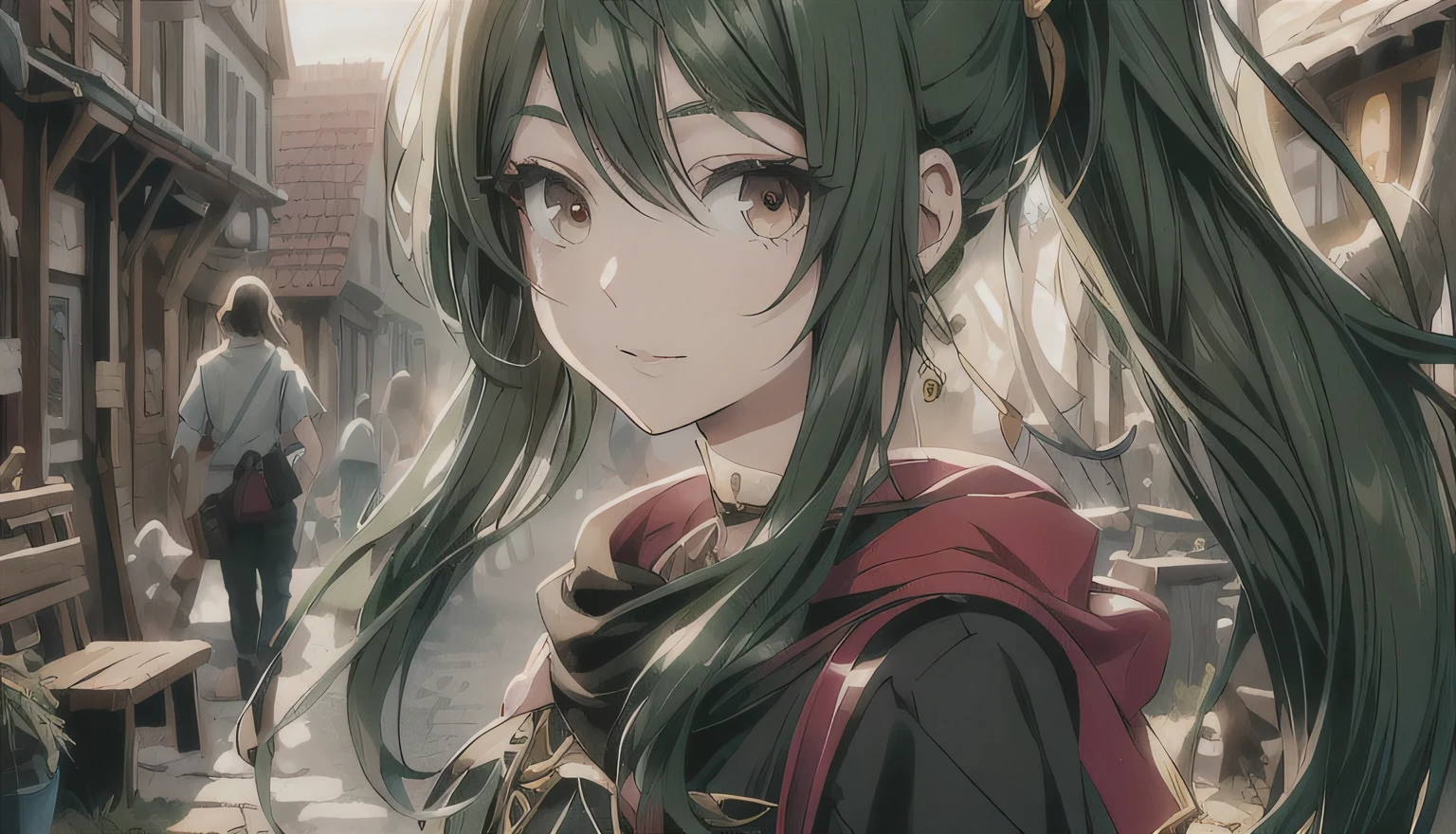 Chica anime con largo cabello negro y ojos verdes caminando por una calle., anime visual de una linda chica, obra de arte al estilo de guweiz, chica anime con pelo largo, joven chica anime, guweiz, hermosa chica anime, anime in fantasy style, retrato de una chica anime, ancient city streets behind her, linda chica anime, hermoso retrato animado