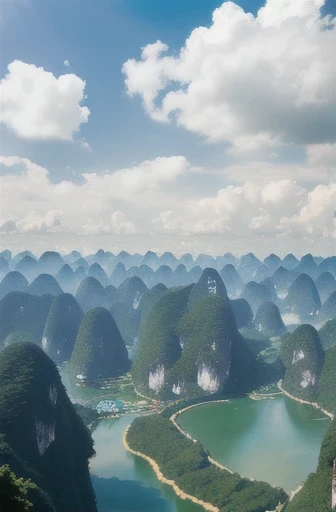 Guangxi, Guilin, Blue sky and white clouds, Real shot, Large depth of field, High altitude shooting perspective