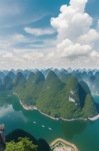 Guangxi, Guilin, Blue sky and white clouds, Real shot, Large depth of field, High altitude shooting perspective