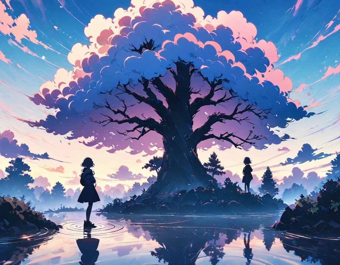 "((peaceful)) Scenes, girl kneeling and meditating, ((ripples in the pond)), ((Marshmallow Cloud)), ((Silhouette of a gnarled tree)), Professional photography, ((rule of thirds)), High resolution, best quality