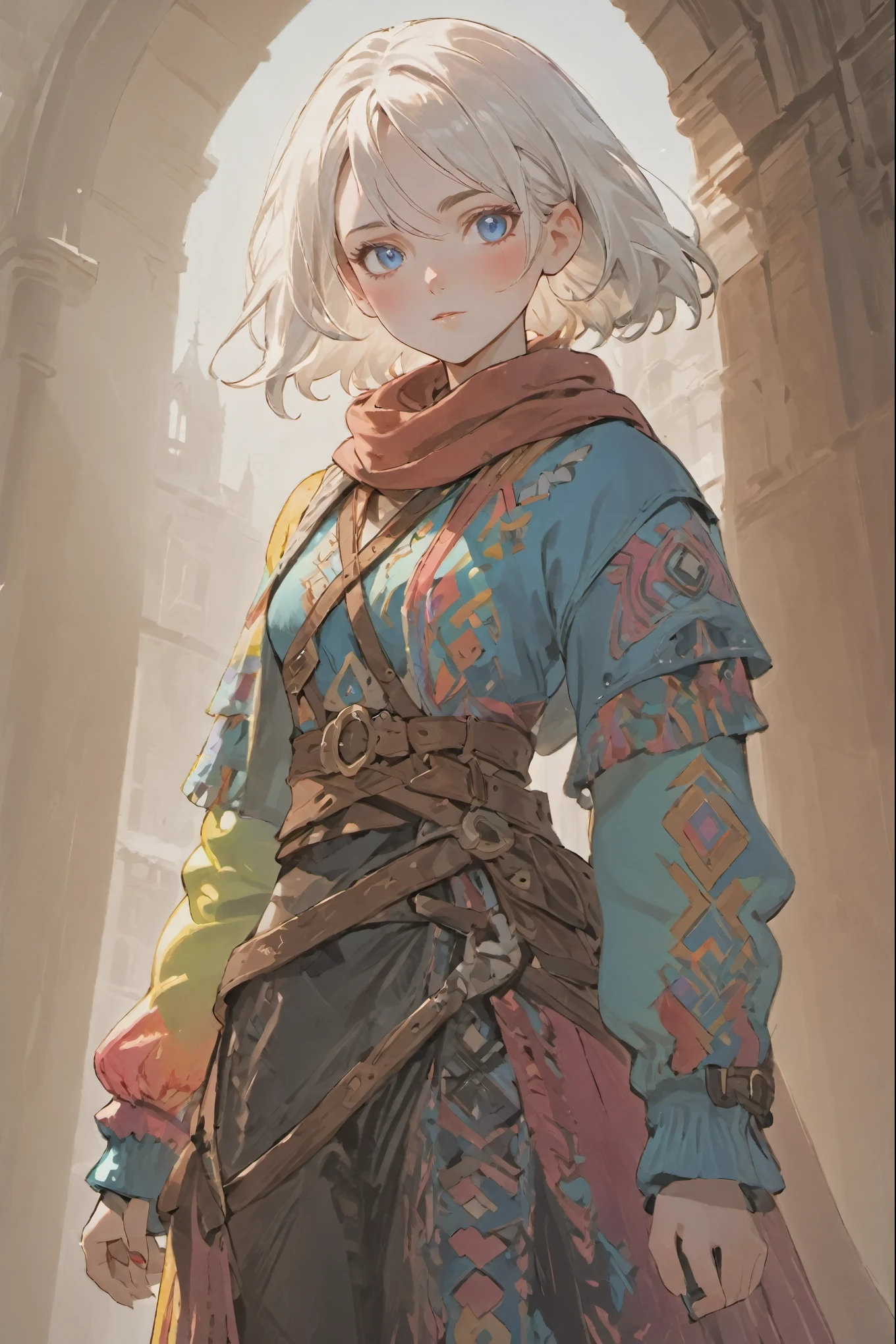 (masterpiece),  ((white hair)), white hair, female adventurer, full body, game art style, ((bright blue eyes)), (colorful clothing 1:5), scarves, leather belts, half skirt over pants and boots, flowing blouse and leather corset, best quality, highres, 4k, 8k, Detailed Illustration, intricate detail, cinematic lighting, amazing quality, 1girl, fit female, amazing shading, soft lighting, facing camera, perfect eyes