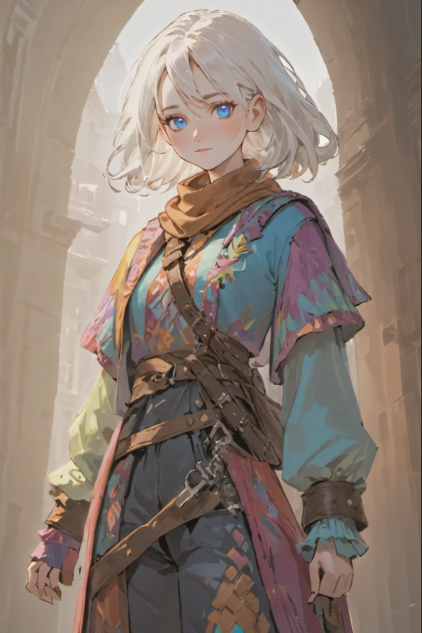 (masterpiece),  ((white hair)), white hair, female adventurer, full body, game art style, ((bright blue eyes)), (colorful clothing 1:5), scarves, leather belts, half skirt over pants and boots, flowing blouse and leather corset, best quality, highres, 4k, 8k, Detailed Illustration, intricate detail, cinematic lighting, amazing quality, 1girl, fit female, amazing shading, soft lighting, facing camera, perfect eyes