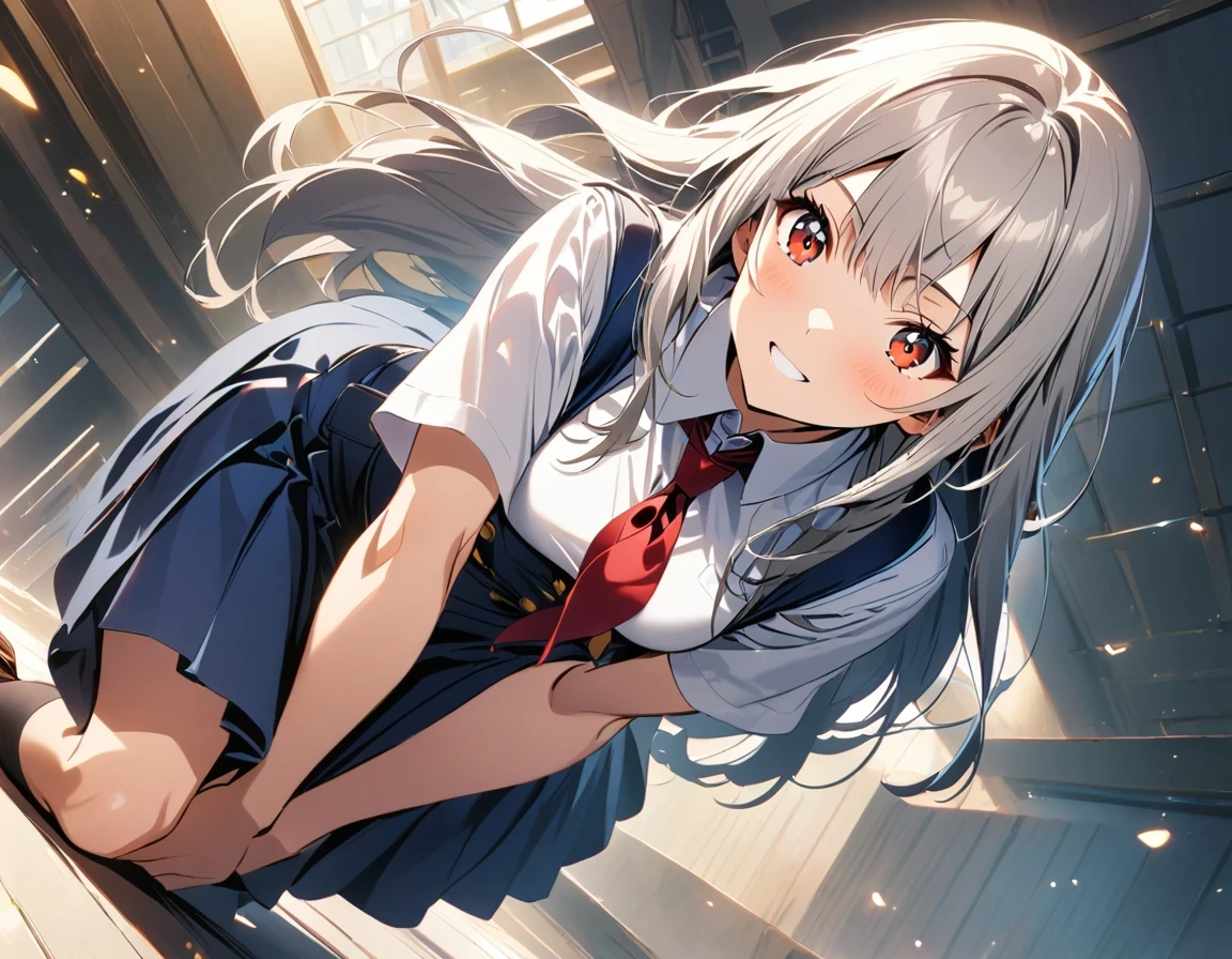 (Extremely detailed CG:1.2), (masterpiece:1.2), (best quality:1.2),,((ridiculous)),looking at the audience,whole body, ,(1 girl),alone,(long hair),(Matthew Uniform),(white shirt short sleeve),(navy_blue pleated skirt),(long skirt),dynamic angle,eternal,dynamic poses,((Exquisite facial features)),,