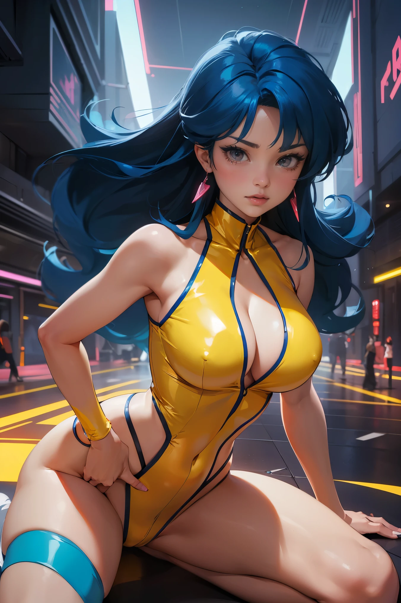 (best quality:1.2,highres,ultra-detailed), detailed face and body of Yuri from The Dirty Pair, stunning Asian beauty, expressive brown eyes, luscious lips, long flowing blue hair, (skimpy yellow outfit), (revealing cleavage), confident and sexy pose, (cyberpunk-inspired city background), neon lights illuminating the scene, vibrant colors, (futuristic and edgy atmosphere), stylish and sleek architecture, dynamic angles and composition, (sci-fi and anime fusion), perfect beauty 