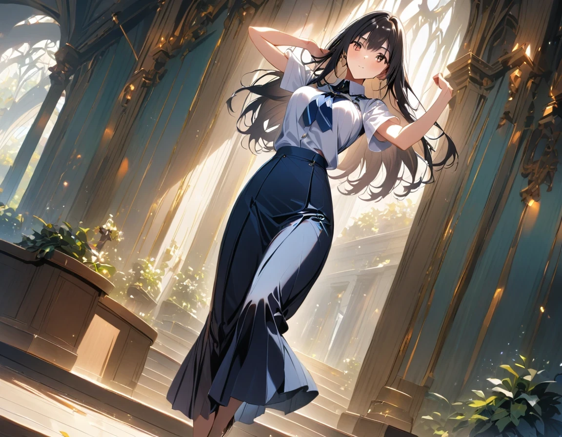 (Extremely detailed CG:1.2), (masterpiece:1.2), (best quality:1.2),,((ridiculous)),looking at the audience,whole body, ,(1 girl),alone,(long hair),(Matthew Uniform),(white shirt short sleeve),(navy_blue pleated skirt),(long skirt),dynamic angle,eternal,dynamic poses,((Exquisite facial features)),,