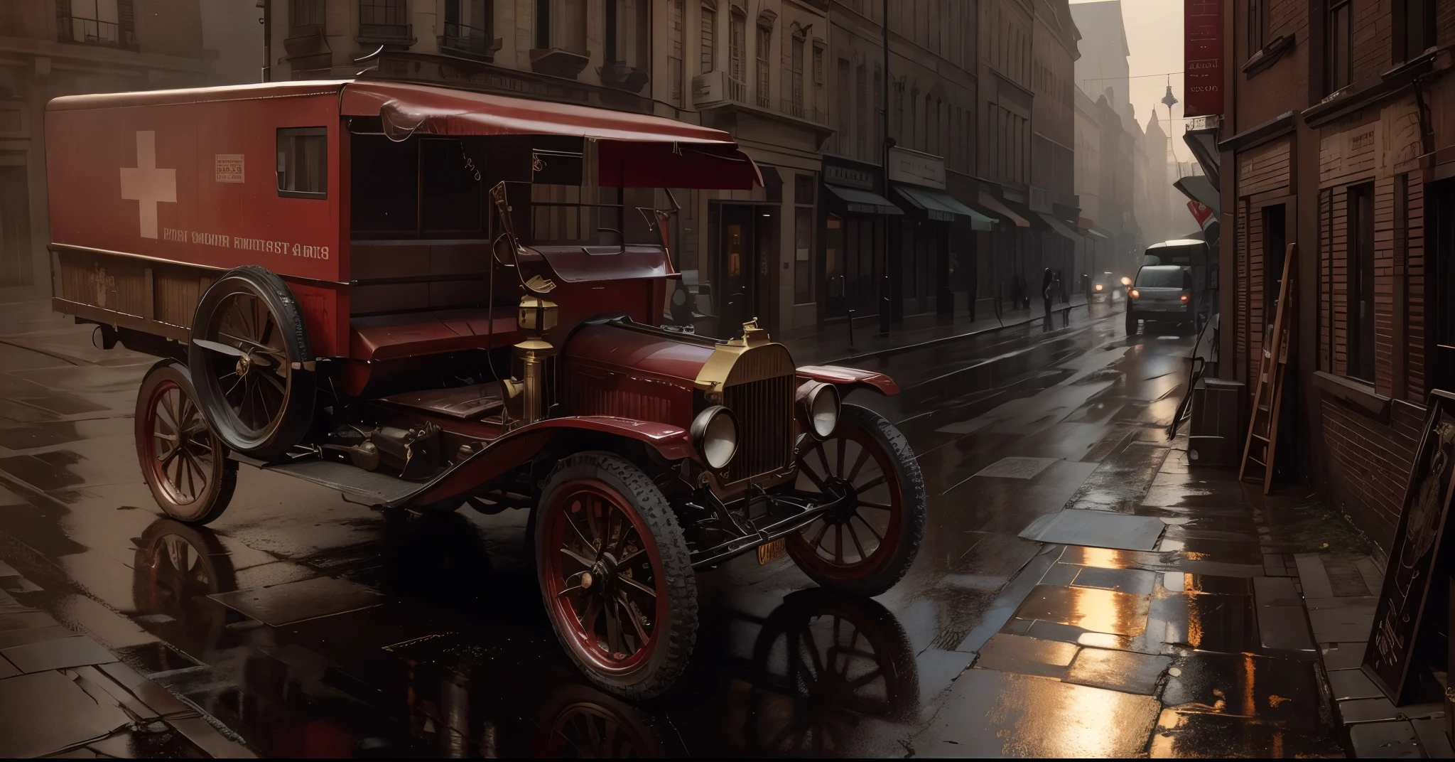 A steampunk Red Cross truck  in 1908 the weather is raining with the wet streets and old steampunk buildings around with the eiffel Tower in the background