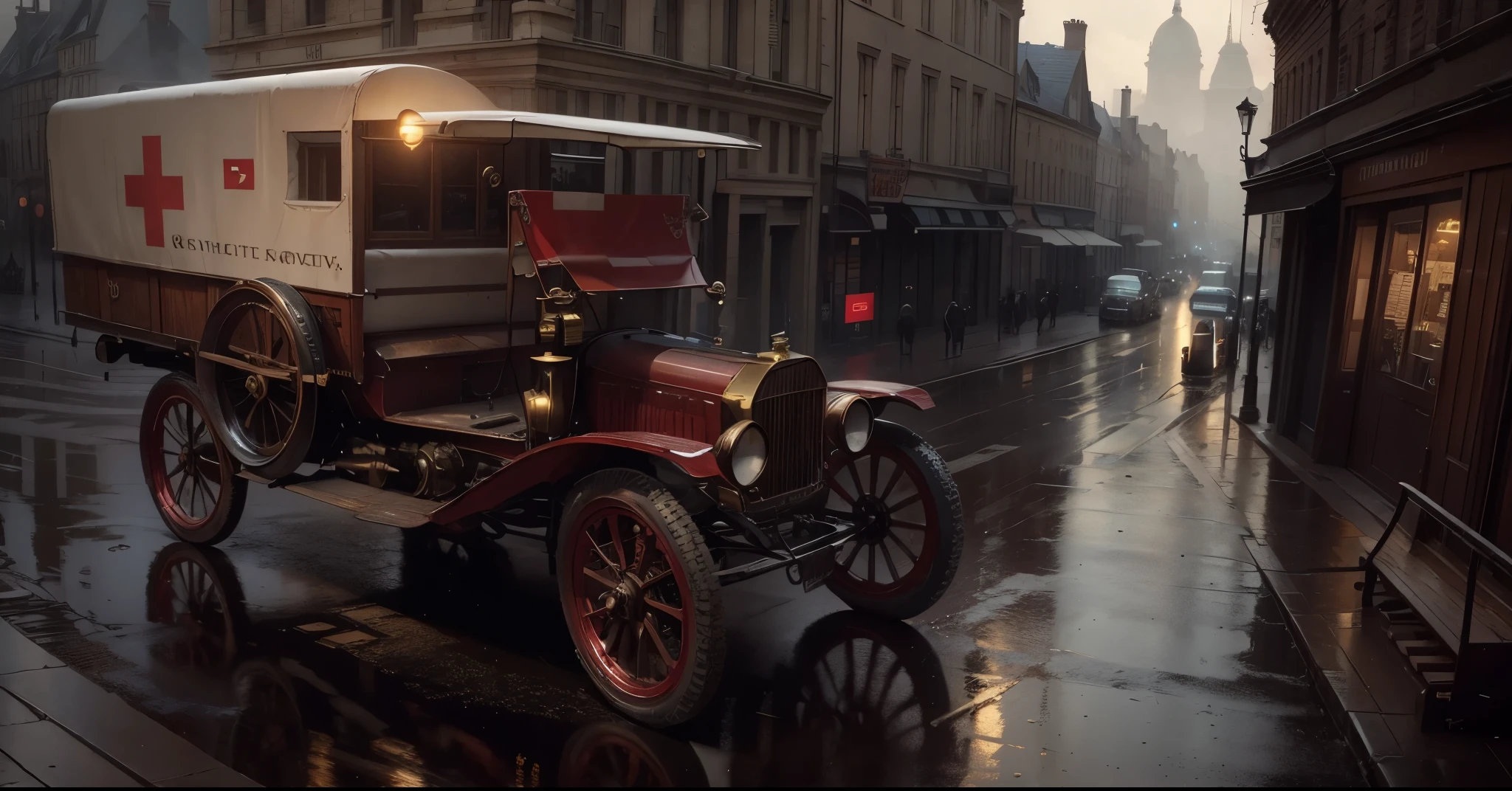 A steampunk Red Cross truck  in 1908 the weather is raining with the wet streets and old steampunk buildings around with the eiffel Tower in the background