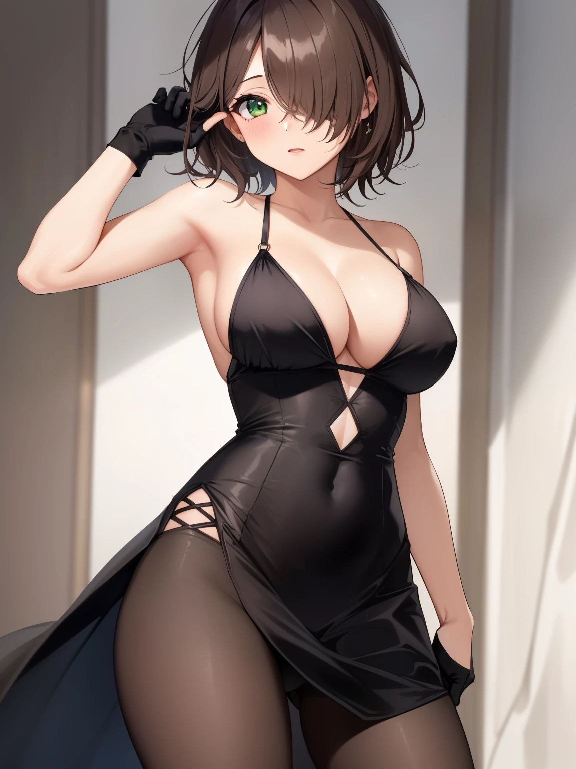 1girl, solo, mature female, brown hair, (hair over one eye:1.2), short hair, messy hair, pixie cut, asymmetrical bangs, hair between eyes, green eyes, revealing dress, black dress, cleavage, thighs, pantyhose, long gloves, collarbone, revealing clothes