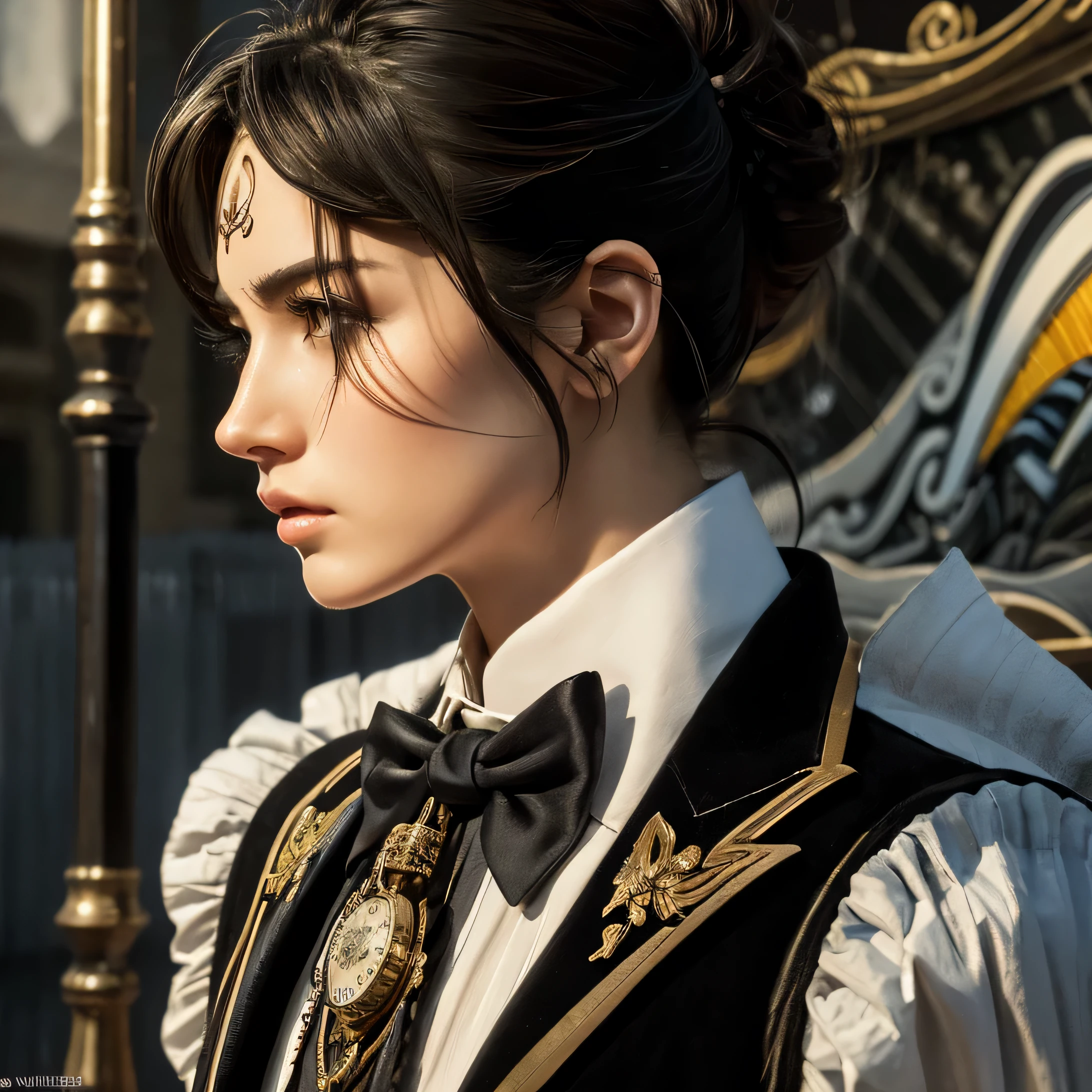 Robot with mechanical engineering profile, steampunk tie, detail soft shadow, Mechanical face with an ennui atmosphere, Mechanical decoration cane in one hand, from below, Mechanical design with intricate and insane details, Details of the butler uniform, subtle lighting elements, cool beauty mechanical, full body shot, From the side, nice cyber butler costume, An atmosphere of beauty like a finely honed blade, very fine shadows, drizzle doodle background, eternal time clock, feels like an eternal wind, atmosphere, dim white lighting, street art graffiti inspiration, Eyes that reflect sadness, brave look, darkest twilight, Detail of darkest core oil paint illustration, very clear details, very clear texture, intricate brush strokes, high quality, High resolution, 最high qualityの,