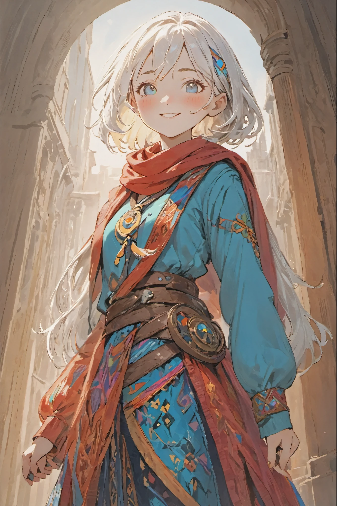 ((white hair)), (bright blue eyes), white hair, sweet smile, female adventurer, (masterpiece), (colorful clothing 1:5), scarves, leather belts, half skirt over pants and tall boots, flowing blouse and colorful sash belt, best quality, 8k, Detailed Illustration, intricate detail, cinematic lighting, amazing quality, 1girl, fit female, amazing shading, soft lighting, facing camera, perfect eyes