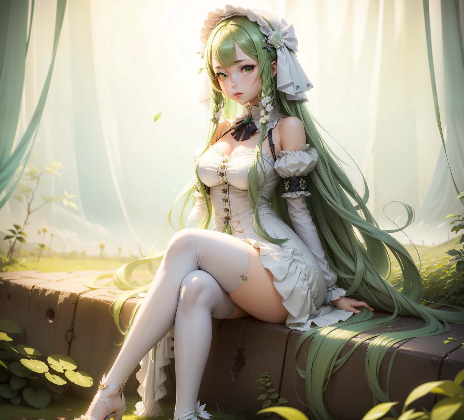 anime girl with long hair and a white dress sitting on a green and white striped background, fine details. anime. tentacles, anime goddess, red eyes, from girls frontline, cushart krenz key art feminine, android heroine, fine details. girls frontline, tentacles robotic arms, anime monster girl, hq artwork, lamia, lolish, girls frontline cg, official anime artwork, nsfw, panties