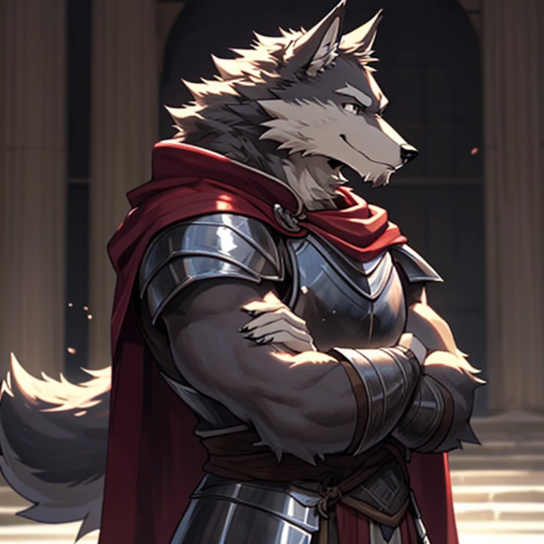 a scene from the movie, depth of field, motion blur, Ridiculous, looking at the audience, (best quality), (masterpiece), (Super detailed), sharp focus, Negi, eyes, black eyes, hairy, alone, light white fur, brown fur, black beard, close face, Profile picture, arms crossed, blink, Smile, Humanity (Wolf), male, (Wolf), middle aged, muscular, knight clothing, red cherry long cloak, Super detailed face