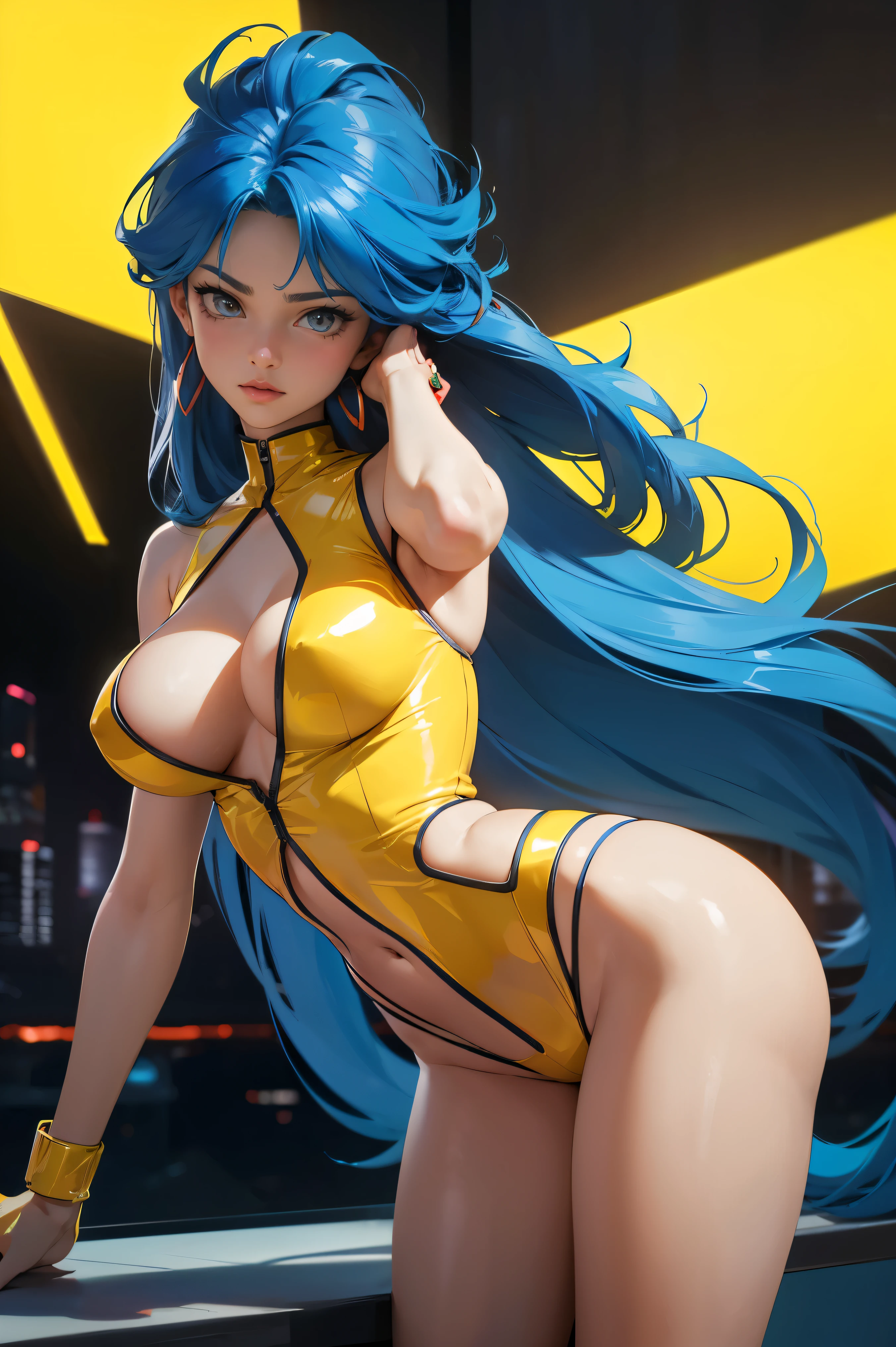 (best quality:1.2,highres,ultra-detailed), detailed face and body of Yuri from The Dirty Pair, stunning Asian beauty, expressive brown eyes, luscious lips, long flowing blue hair, (skimpy yellow outfit), (revealing cleavage), confident and sexy pose, (cyberpunk-inspired city background), neon lights illuminating the scene, vibrant colors, (futuristic and edgy atmosphere), stylish and sleek architecture, dynamic angles and composition, (sci-fi and anime fusion), perfect beauty