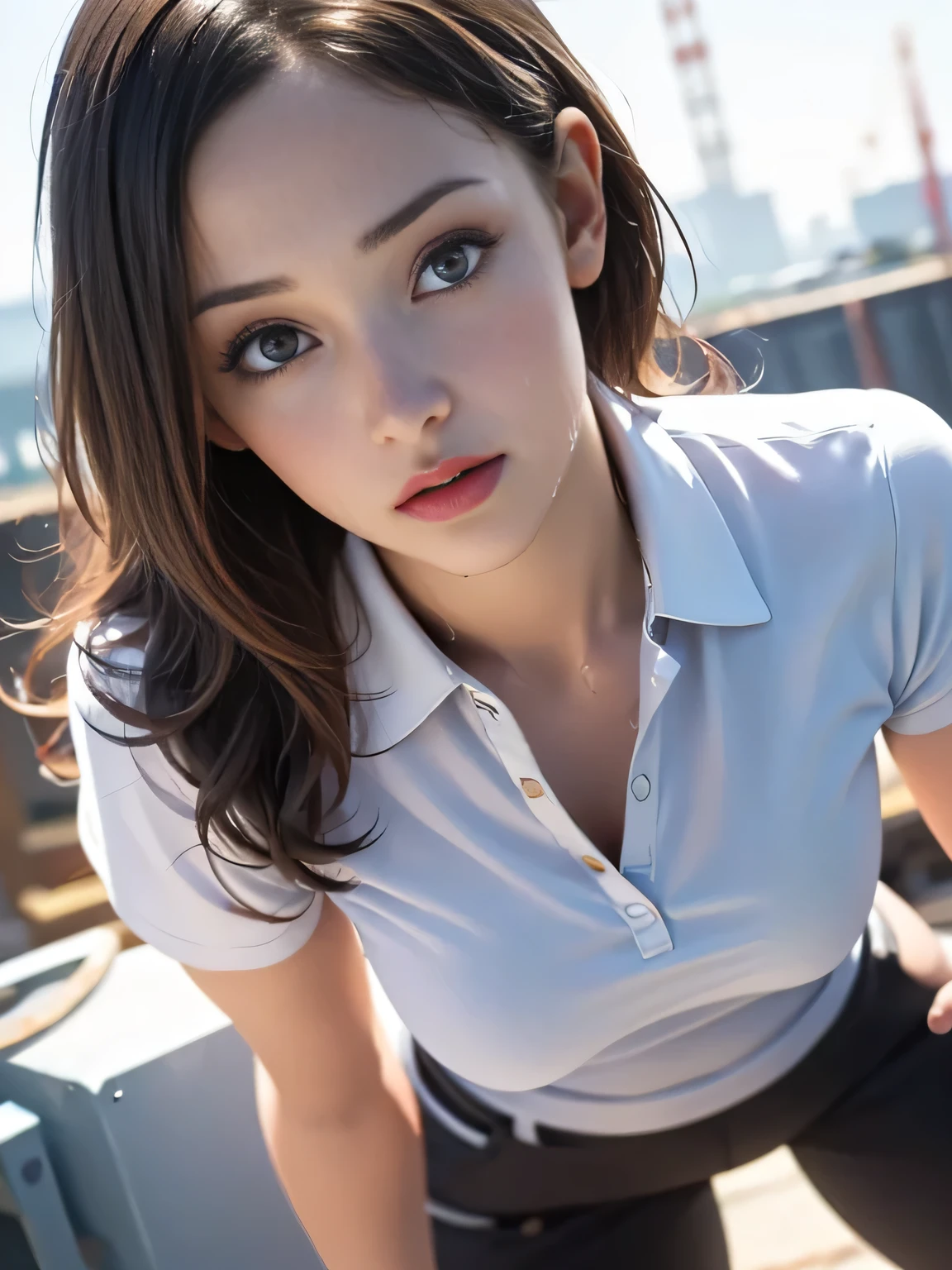 (highest quality, 8K, High resolution, realistic:2.0), (alone, one girl:2.0),(lit: front),(lit: strong),(ultimate beautiful girl:2.0),(shiny skin),(oily skin),(blonde hair:1.5),(long hair:1.5),(beauty:2.0),blush brown makeup , dark eye makeup , use pink glossy lipstick,(girl with big beady eyes:1.5),(slender girl:1.5),(baby-faced girl),( appeal:1.7),(sweet smelling girl),(Photographed at a civil engineering construction site:1.8),(Wearing cargo pants:1.5),(wearing a polo shirt:1.5),(she works for low wages:1.5),(she has a nice smile),(she is very sociable),(comes from a very poor family:1.5),(Virgin girl),(she is a secret pervert.),(she is secretly ),(she looks very ),(Preserve virginity for devout Christians),(sweating due to exercise:1.5),Chu Chloe,