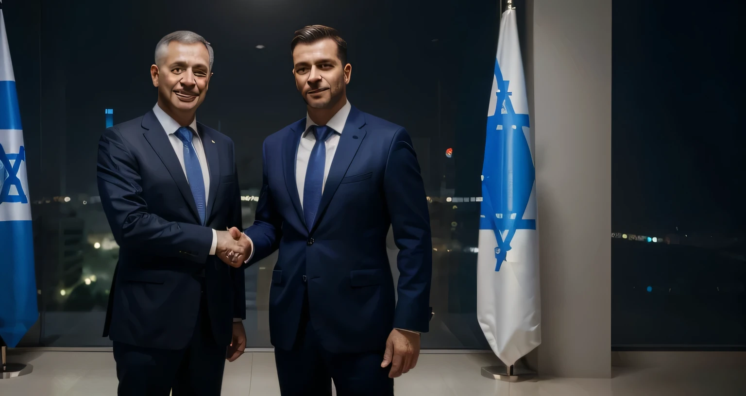 (Melhor qualidade,4K,high resolution,realista:1.2),two men in suits shaking hands,fundo da bandeira israelense,ultra-detalhado,professional lighting,sharp focus,cores vivas
