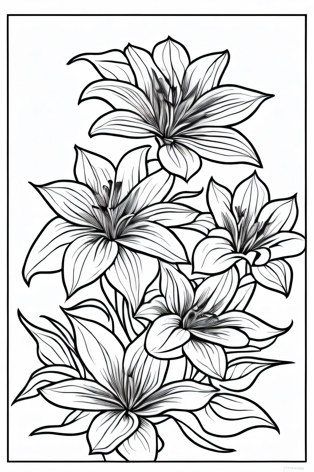 a drawing of a bunch of flowers with leaves, black and white color only, detailed flowers, lillies, coloring book outline, coloring pages, colouring pages, colouring - in sheet, lily flowers, clematis design, lilies, lily flower, black outlines, with colored flowers, coloring page, outline, outline art, flowers with intricate detail, ink outline