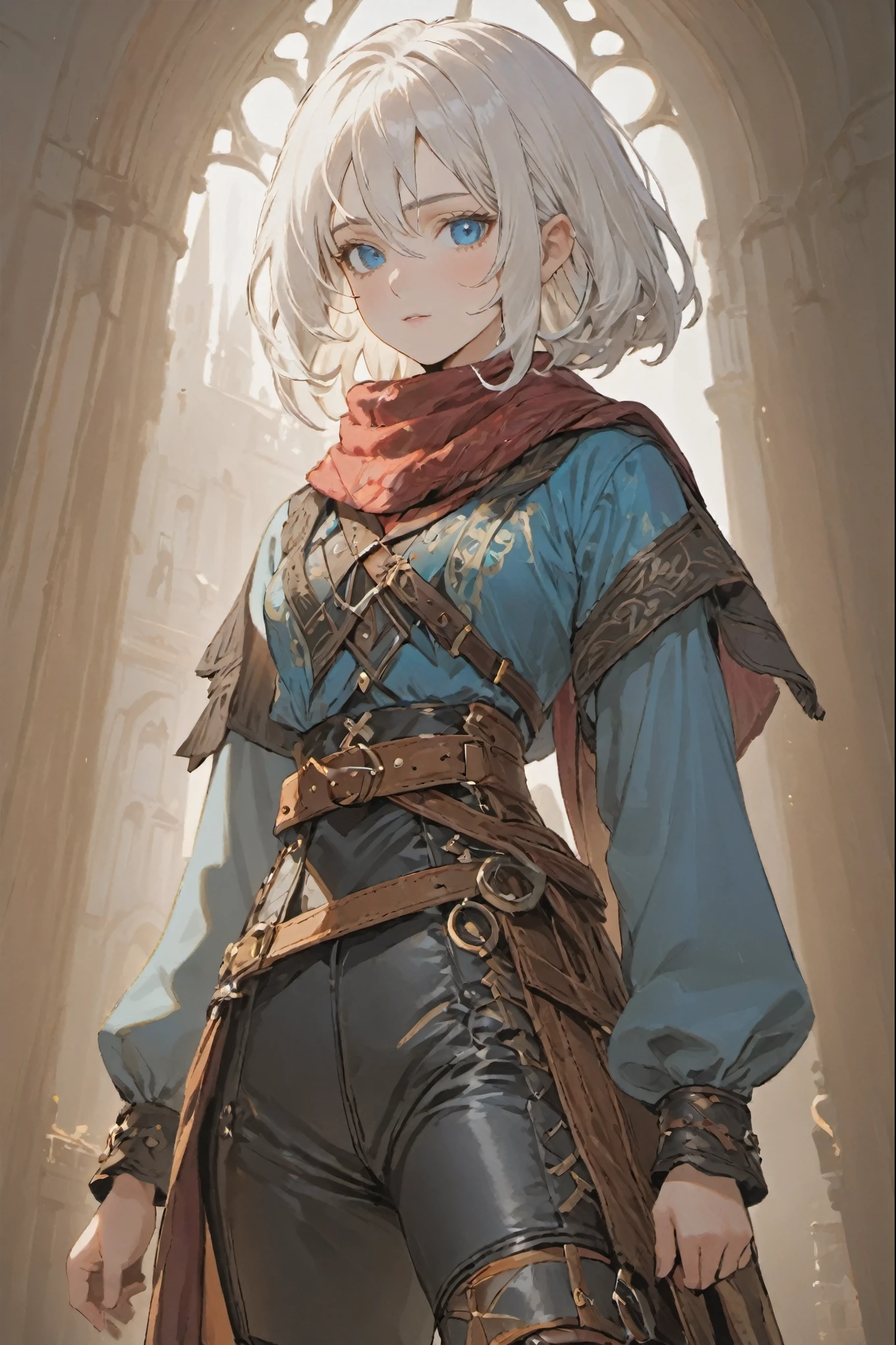 (masterpiece),  ((white hair)), white hair, female adventurer, full body, game art style, ((bright blue eyes)), (colorful clothing), scarves, leather belts, half skirt over pants and boots, flowing blouse and leather corset, best quality, highres, 4k, 8k, Detailed Illustration, intricate detail, cinematic lighting, amazing quality, 1girl, fit female, amazing shading, soft lighting, facing camera, perfect eyes